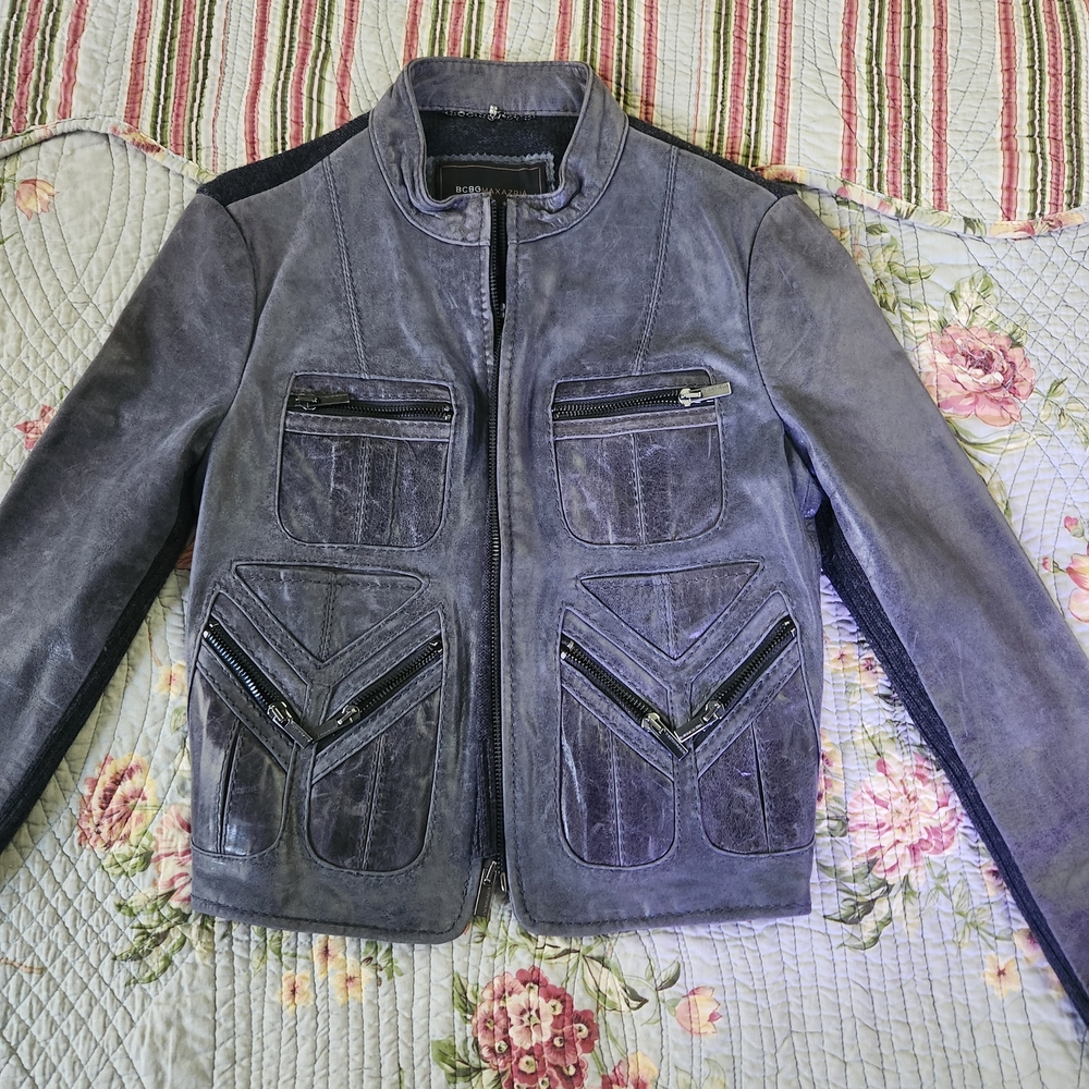 Bcbg Maxazria Gray Two-Tone Jacket Leather/Wool Women’s XS Zipper Pockets